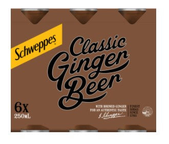 Schweppes Classic Ginger Beer Soft Drink Cans 250ml x 6pk