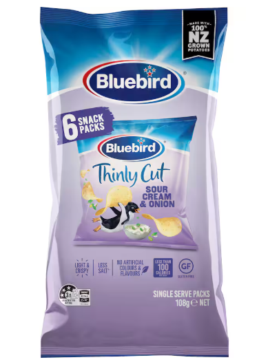 Bluebird Thin Cut Sour Cream & Onion Potato Chips 6pk 108g