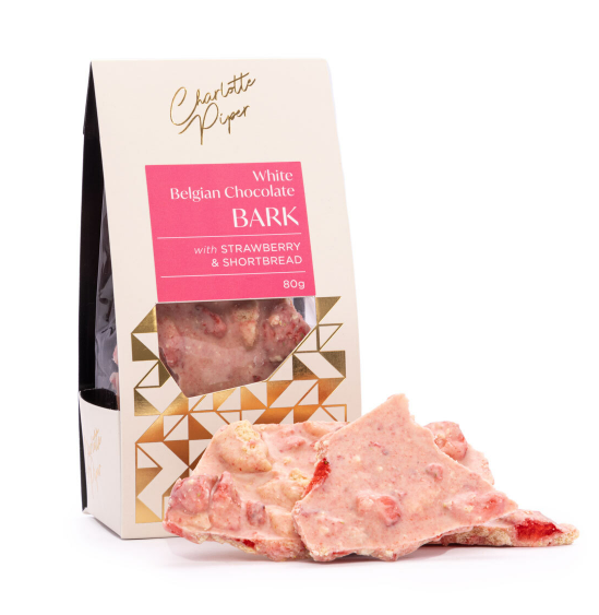 CHARLOTTE PIPER Chocolate Bark – White Chocolate with Strawberry & Shortbread