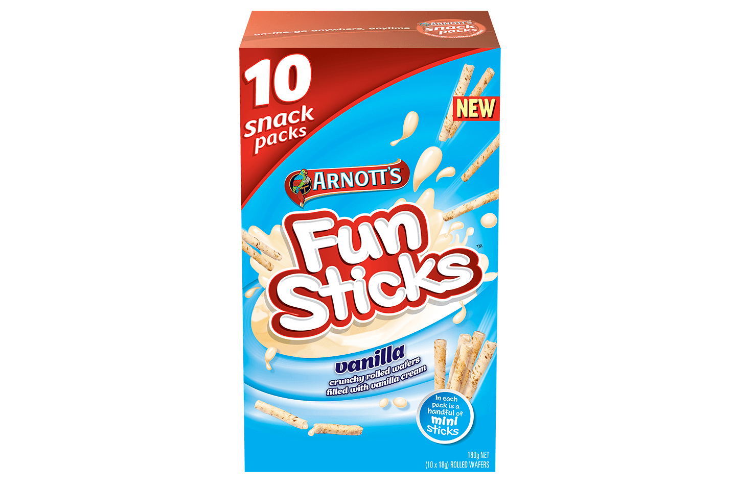 Arnotts Funsticks Vanilla Rolled Wafers Snack Packs 10pk 180g