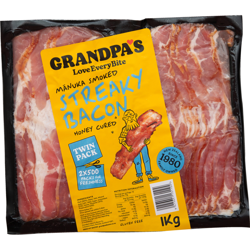 Grandpa's Manuka Smoked Streaky Bacon 1kg