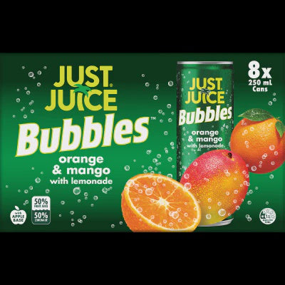 Just Juice Bubbles Orange & Mango With Lemonade Carbonated Fruit Drink Cans 8pk x 250ml