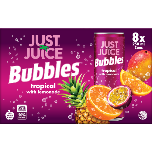 Just Juice Bubbles Tropical With Lemonade Carbonated Fruit Drink Cans 8pk x 250ml