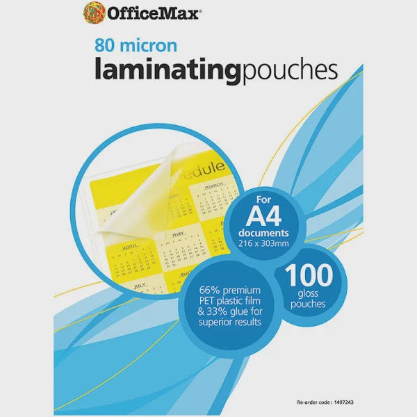 OfficeMax A4 Laminating Pouches Gloss 80 Micron, Pack of 100