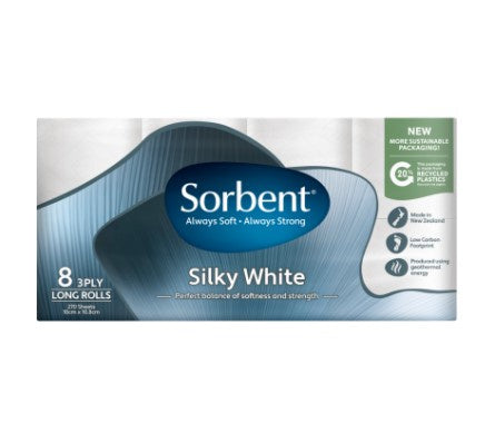 Sorbent Long Roll Silky White Toilet Tissues 3ply  8pk