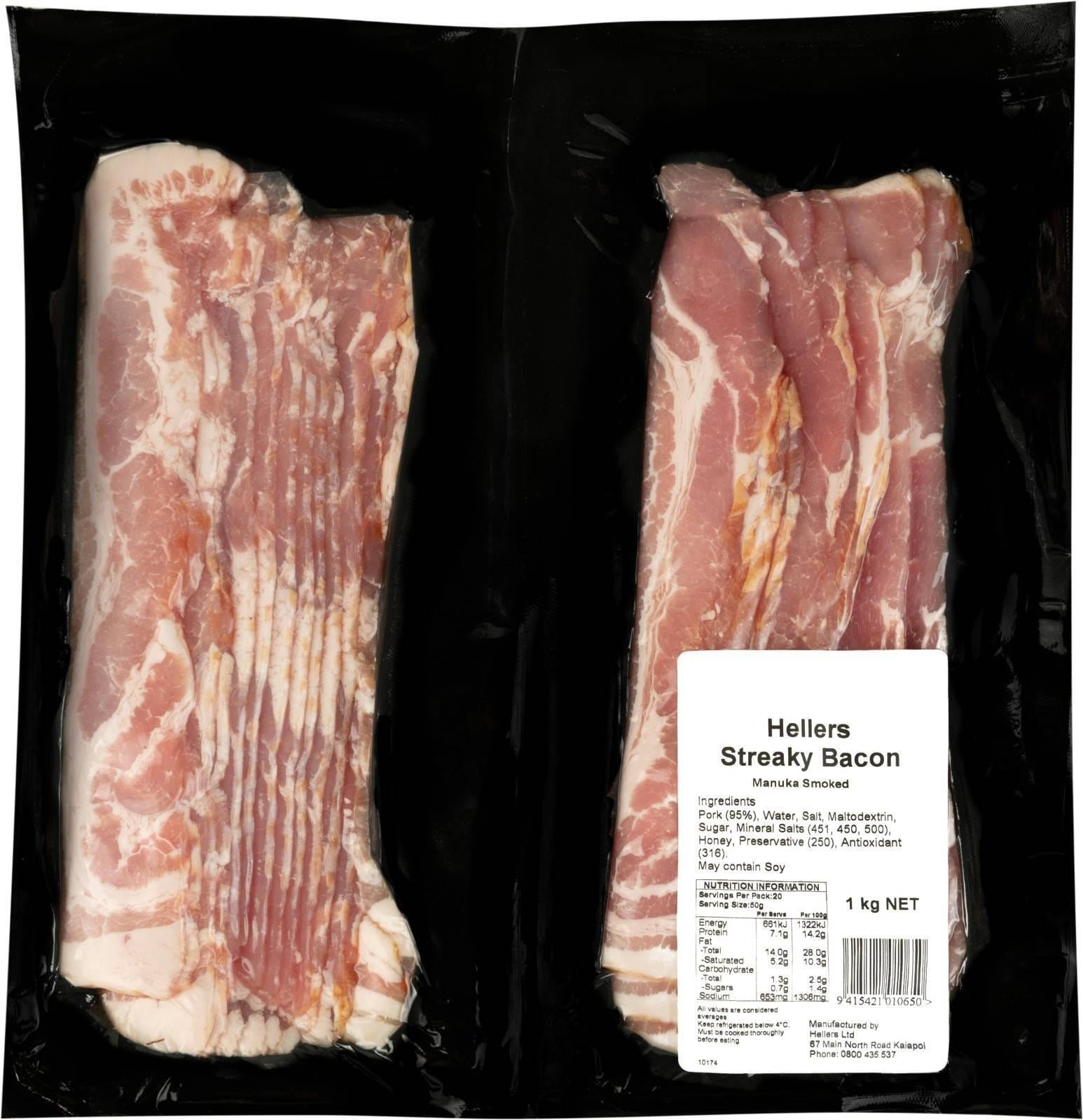 Hellers Twin Streaky Bacon Plain Pack 1kg