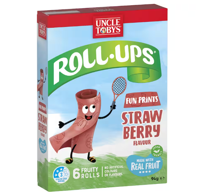 Uncle Tobys Roll-ups Fruit Snack Fun Prints Strawberry 6pk